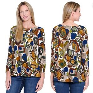 Ali Miles Knit Printed Round Neck 3/4 Sleeve‎ Side Seam Pockets Tunic PL Artsy